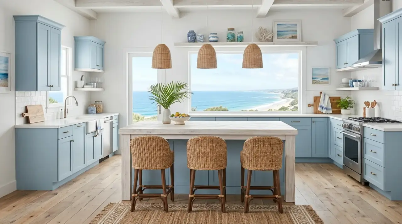 Cottage light blue kitchen cabinets. Soft blue cabinetry shaping a cottage kitchen without feeling overly themed.