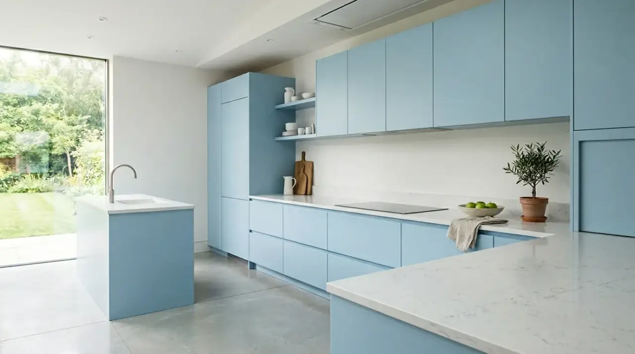 Blue cabinets with black accents. Soft light blue kitchen cabinetry defined by darker black details.