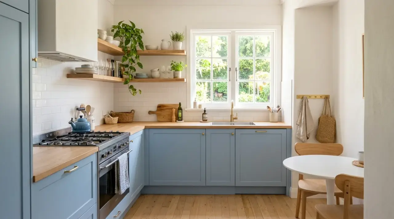 Tonal backsplash with blue cabinets. Soft wall finish supporting serene light blue kitchen cabinetry.