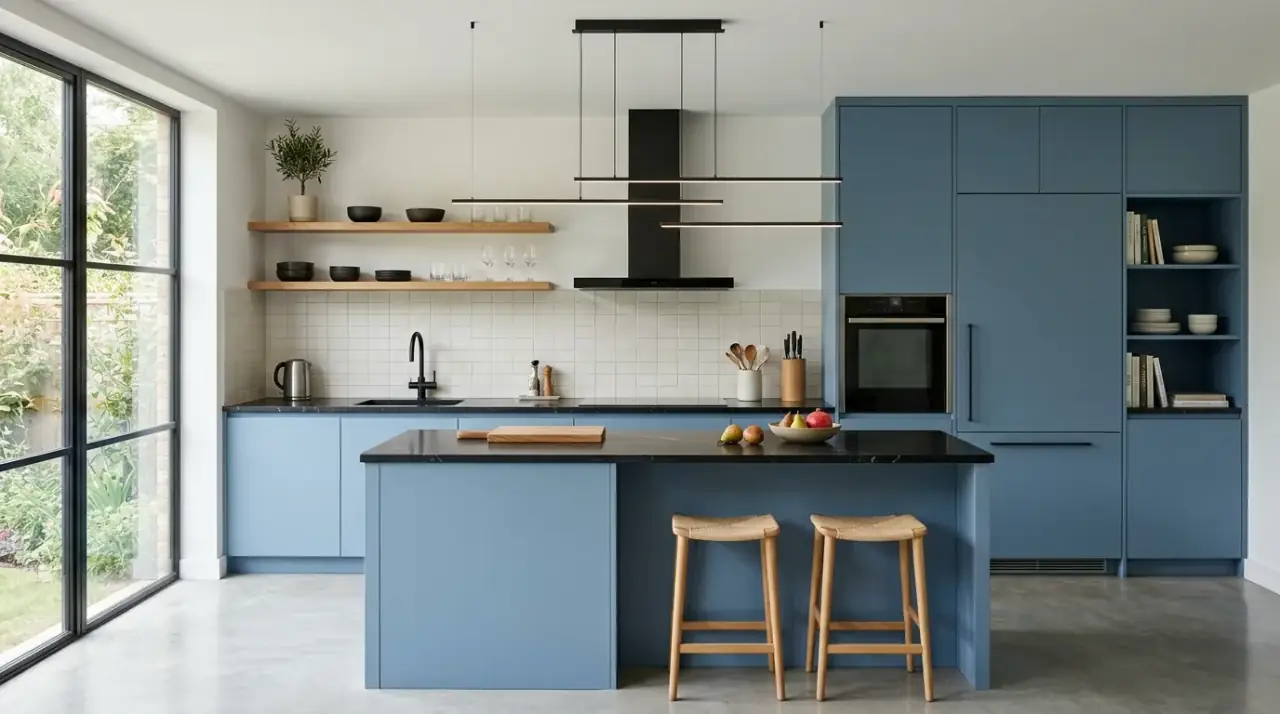 Small kitchen light blue cabinets. Compact kitchen using soft blue cabinets to keep the room open and bright.