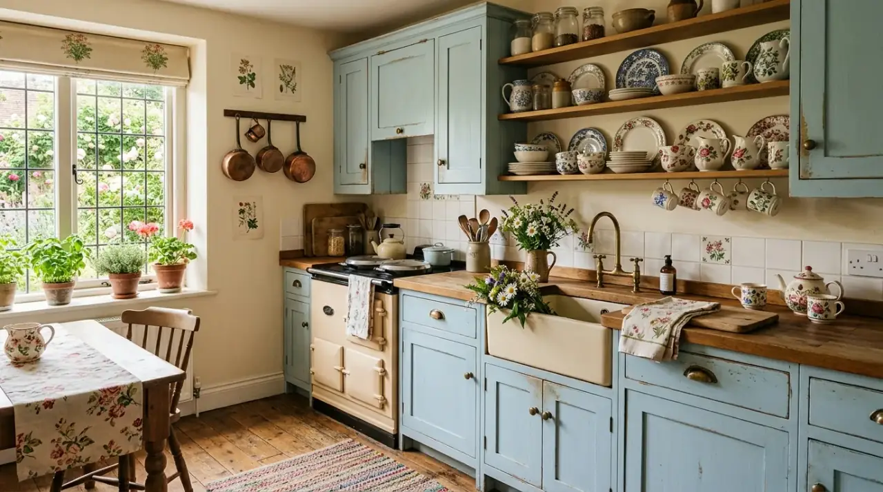 Blue cabinets with warm neutrals. Soft light blue cabinetry styled with creamy and linen-toned kitchen finishes.