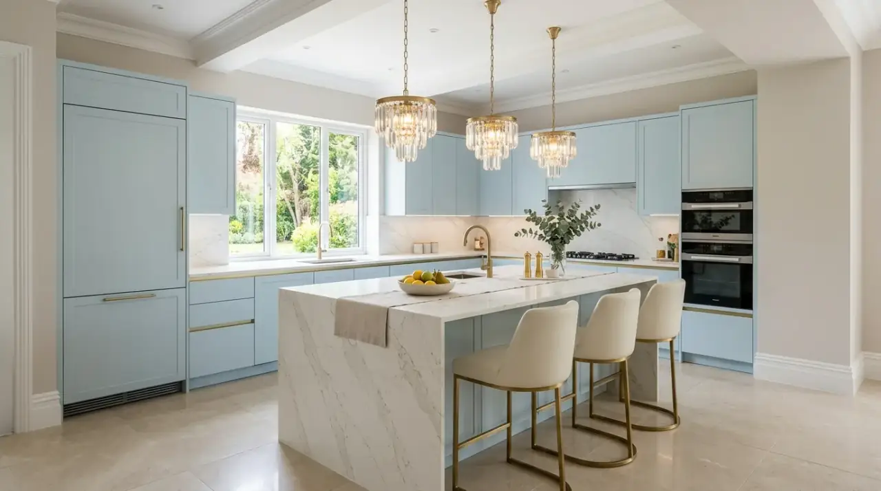 Daylit blue kitchen cabinets. Soft light blue cabinetry glowing under generous natural kitchen light.