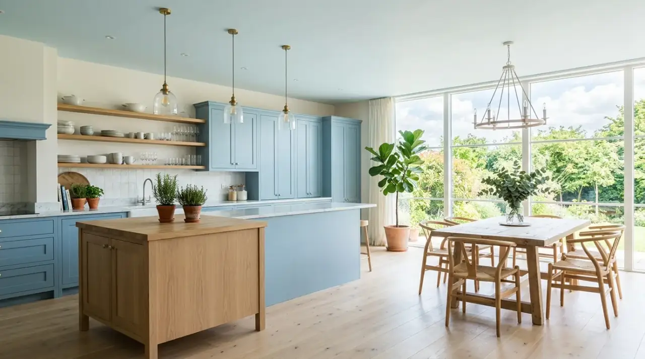 Soft blue kitchen overview. Serene sky-inspired light blue cabinets shaping a timeless kitchen atmosphere.