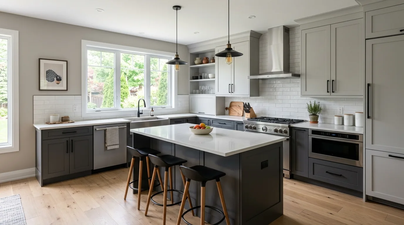 Sophisticated grey kitchen with modern neutral palette, stone counters, and layered natural light.