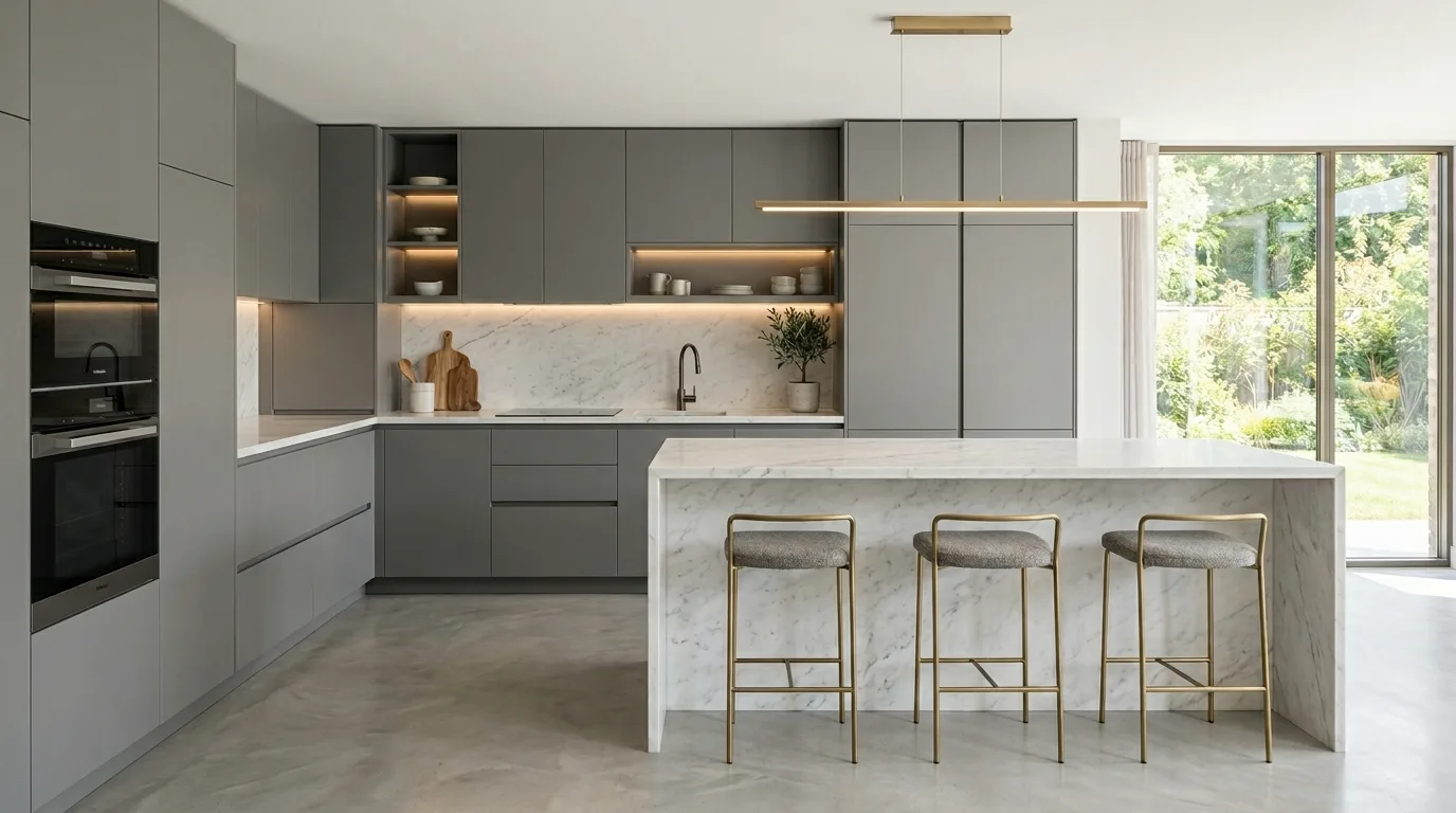 Flat grey kitchen cabinets with black fixtures. Light counters, clean backsplash, and a sophisticated modern feel.