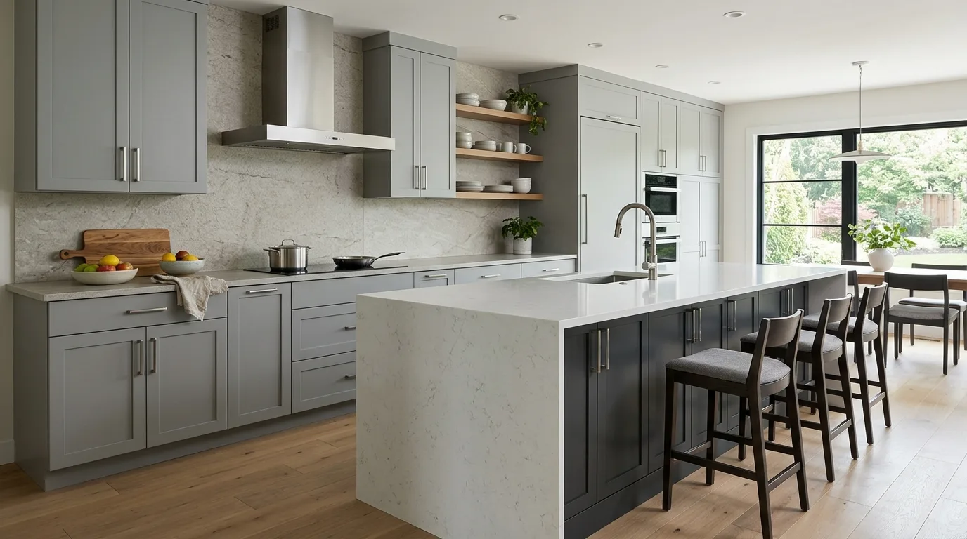 Grey kitchen with walnut accents. Neutral cabinetry, warm wood details, and a polished modern atmosphere.