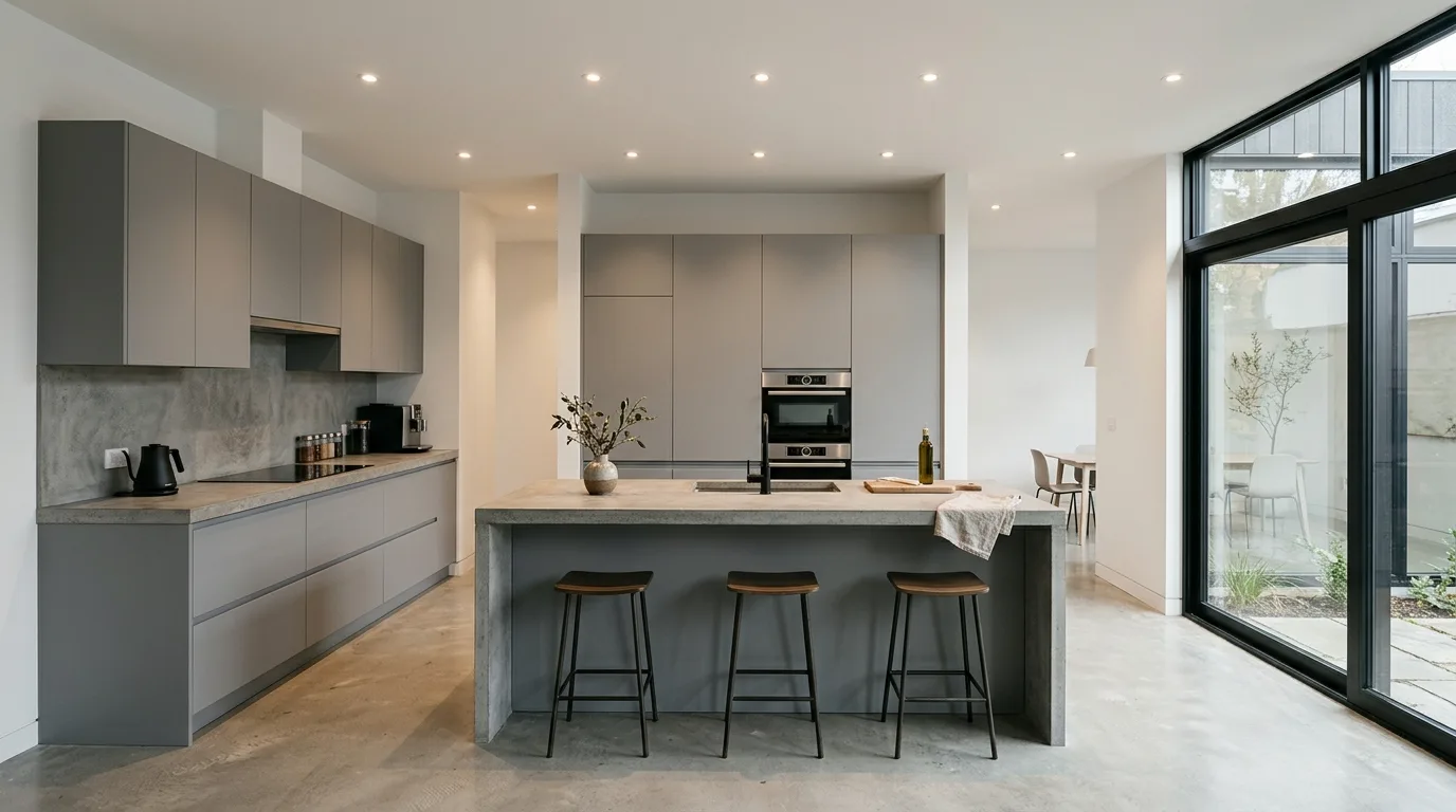 Gloss grey kitchen with architectural light. Stone counters, modern surfaces, and a refined neutral palette.