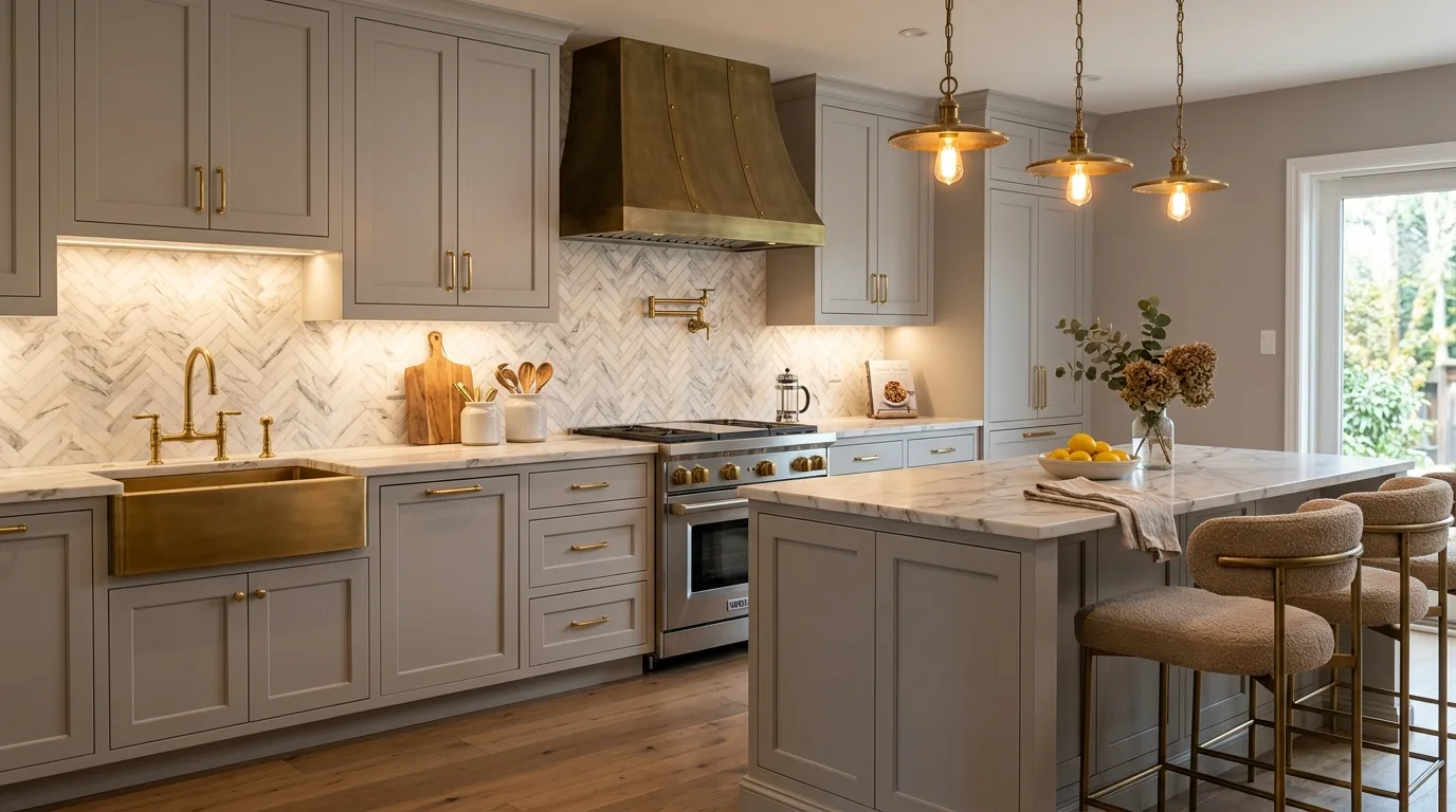 Matte grey kitchen with brass hardware. Warm metallic accents, soft lighting, and a sophisticated neutral mood.