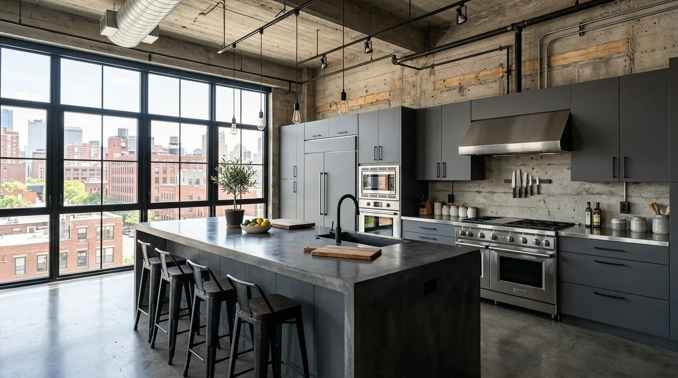 Grey kitchen island with light perimeter. Modern neutral cabinetry and a balanced sophisticated layout.