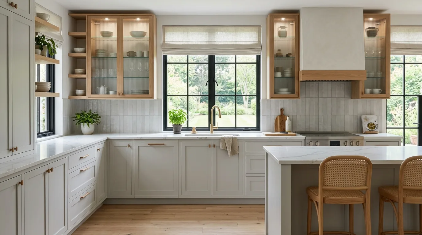 Grey kitchen with marble surfaces. Quiet luxury styling, neutral palette, and modern elegance.