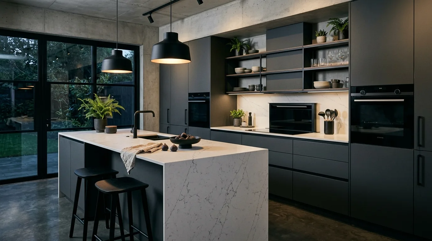 Deep grey kitchen with soft ivory balance. Pale wall tones, sophisticated contrast, and a modern neutral finish.