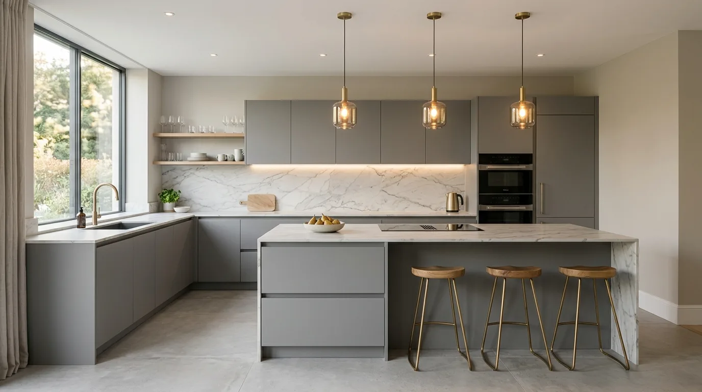 Grey kitchen with open shelves and ceramics. Neutral display objects and softly layered modern styling.