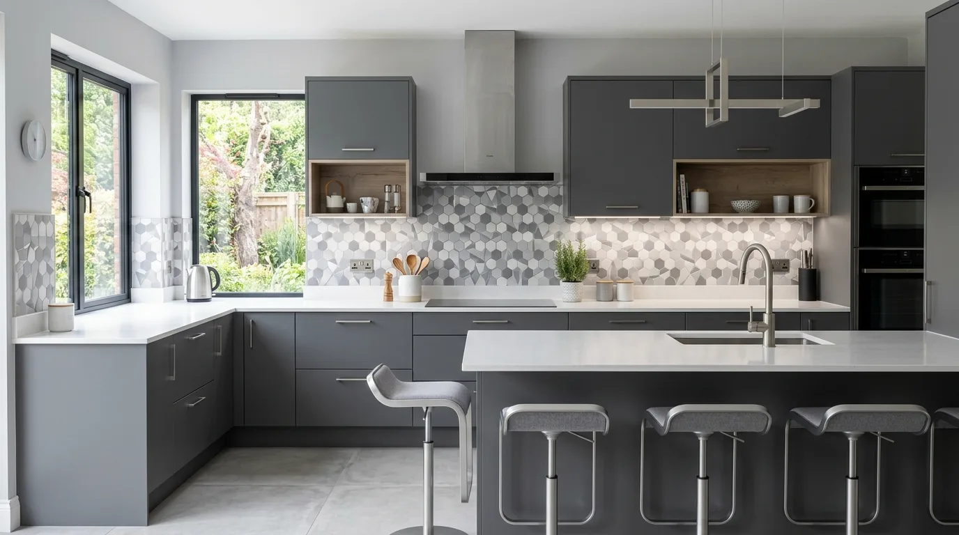 Grey kitchen with textured tile backsplash. Soft reflective detail and a sophisticated neutral palette.
