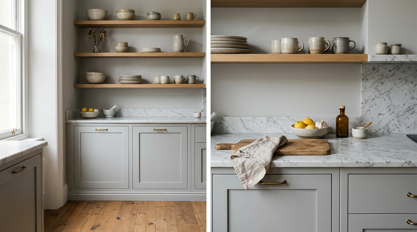 Linear grey galley kitchen with warm lighting. Modern cabinetry, pale surfaces, and calm sophisticated structure.