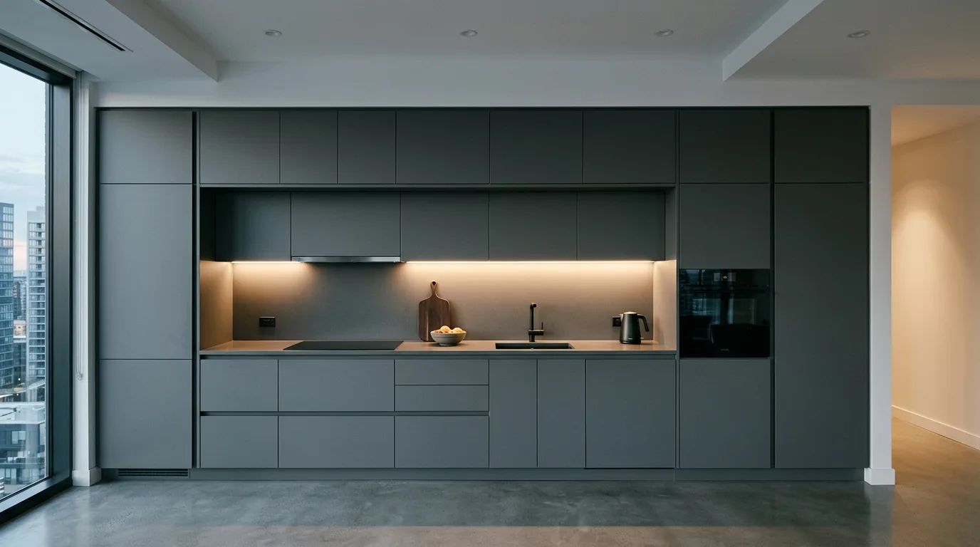 Grey kitchen with large-format stone surfaces. Minimal decor and a seamless sophisticated neutral palette.
