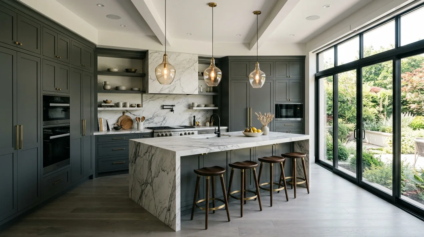 Sophisticated grey kitchen with clean geometry. Soft daylight, simple cabinetry, and a modern neutral palette.