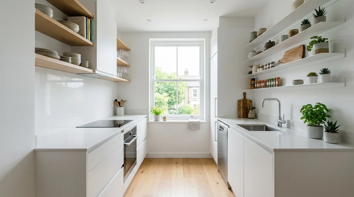 Small white kitchen designed for brightness, space saving, and compact cooking efficiency.