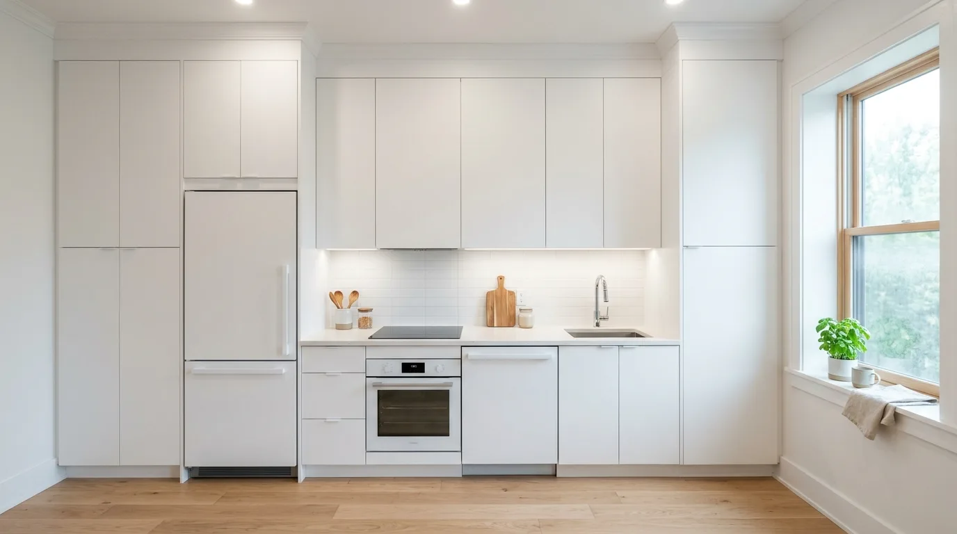 Open shelves in small white kitchen. Space-saving bright kitchen with lighter upper storage treatment.