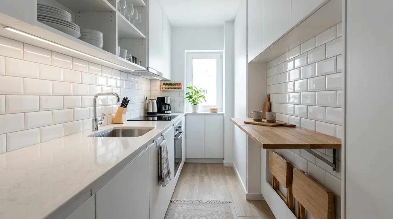 Tall white cabinets in compact kitchen. Full-height space-saving storage in a bright small cookspace.
