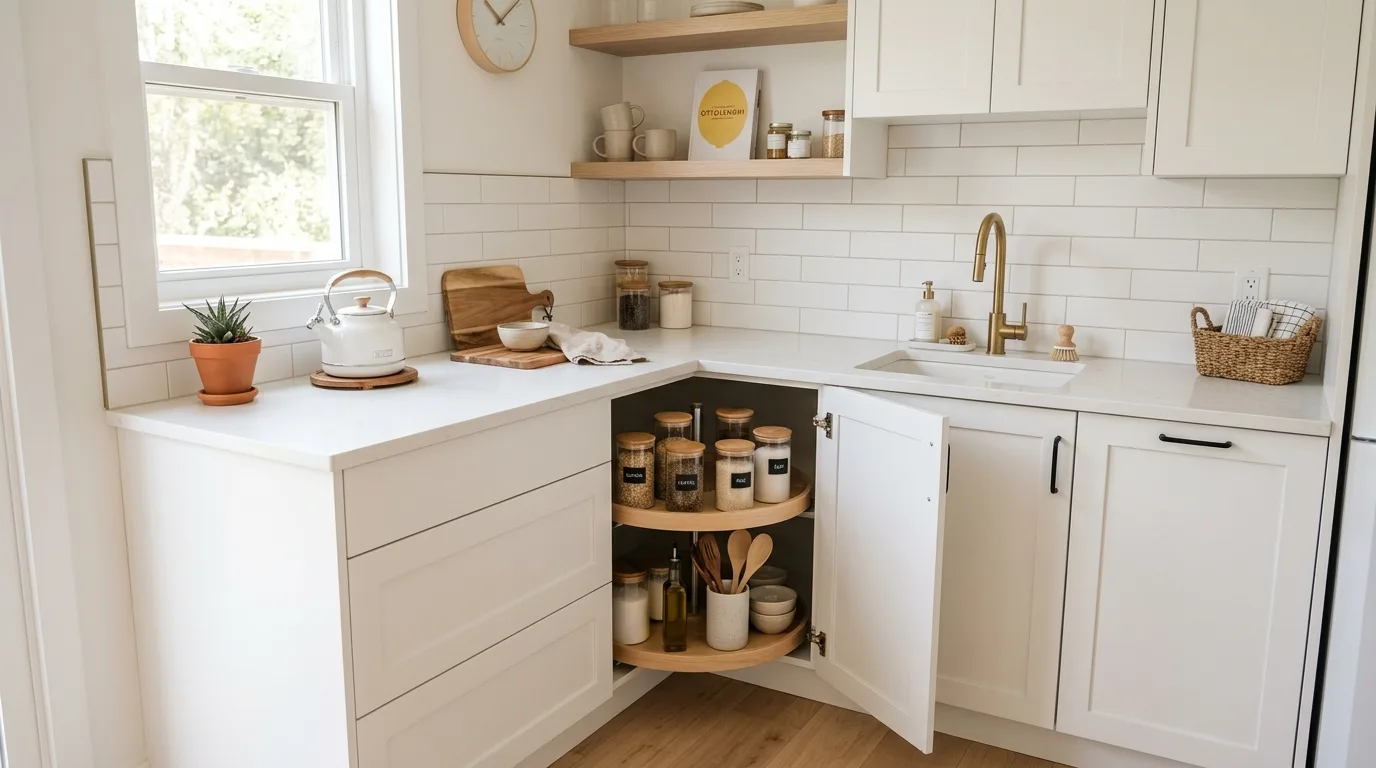 Gloss white finish in small kitchen. Bright reflective surfaces helping a compact kitchen feel larger.