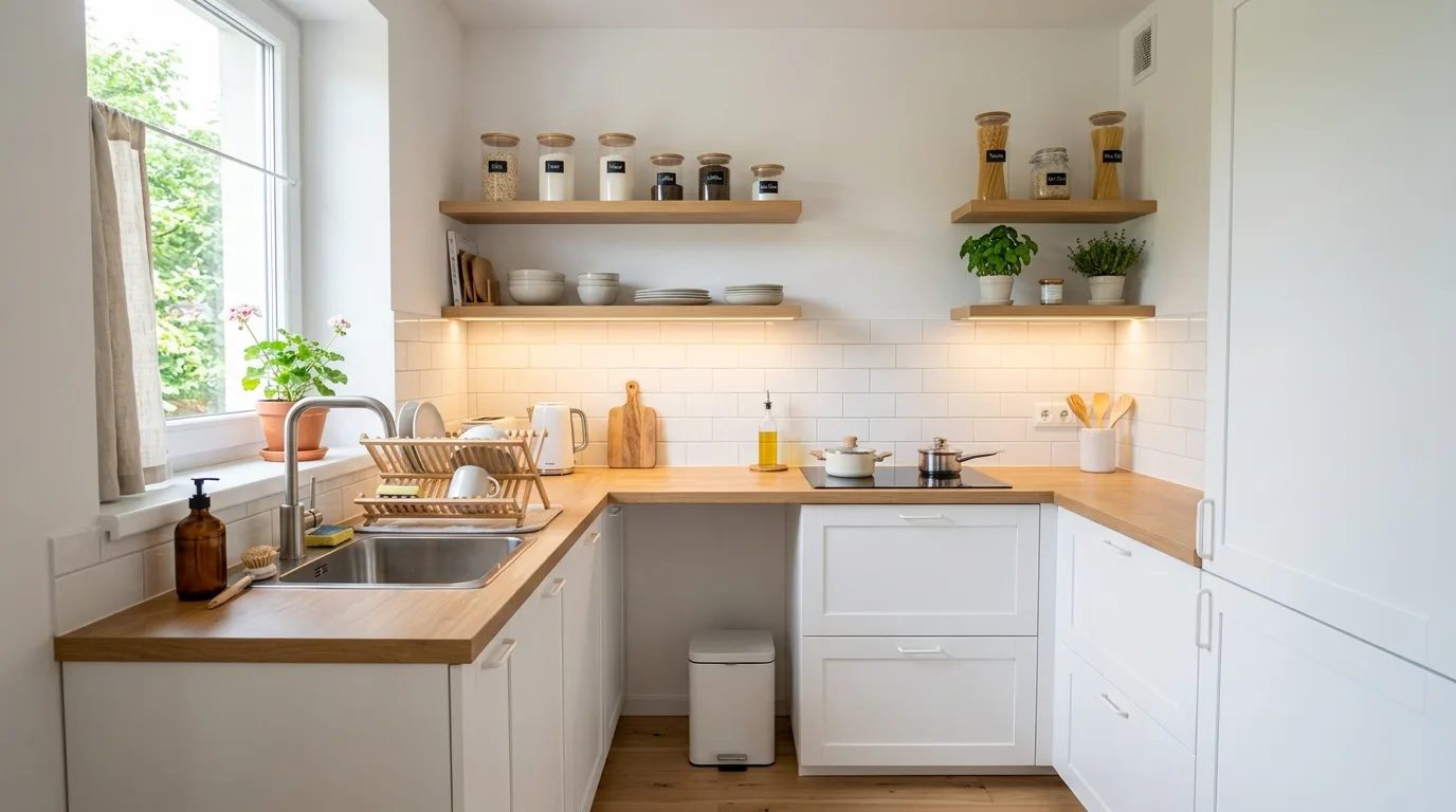 Slim pull-out pantry in small white kitchen. Compact storage solution supporting a bright efficient layout.