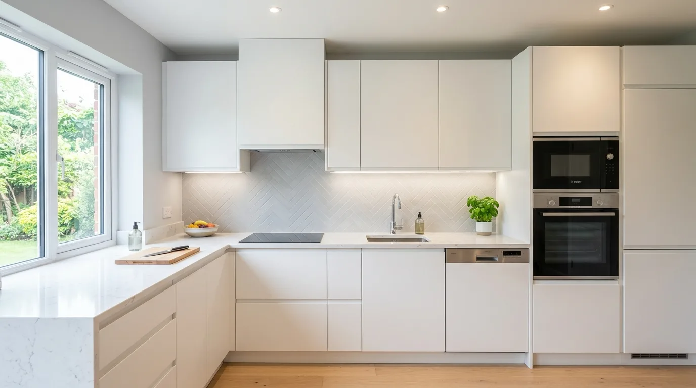 Integrated appliances in small white kitchen. Seamless compact cookspace with cleaner visual flow.