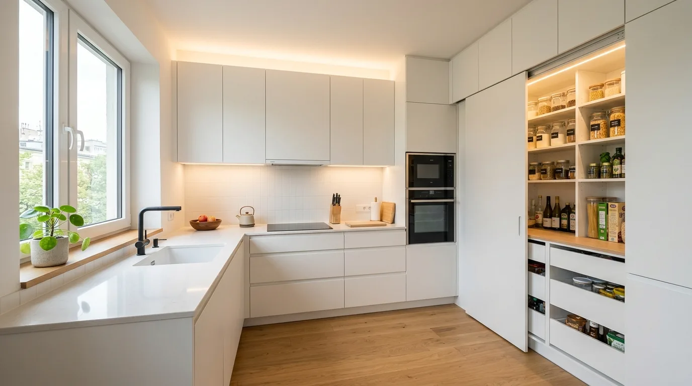 White countertops in small white kitchen. Continuous bright surfaces enlarging a compact kitchen visually.