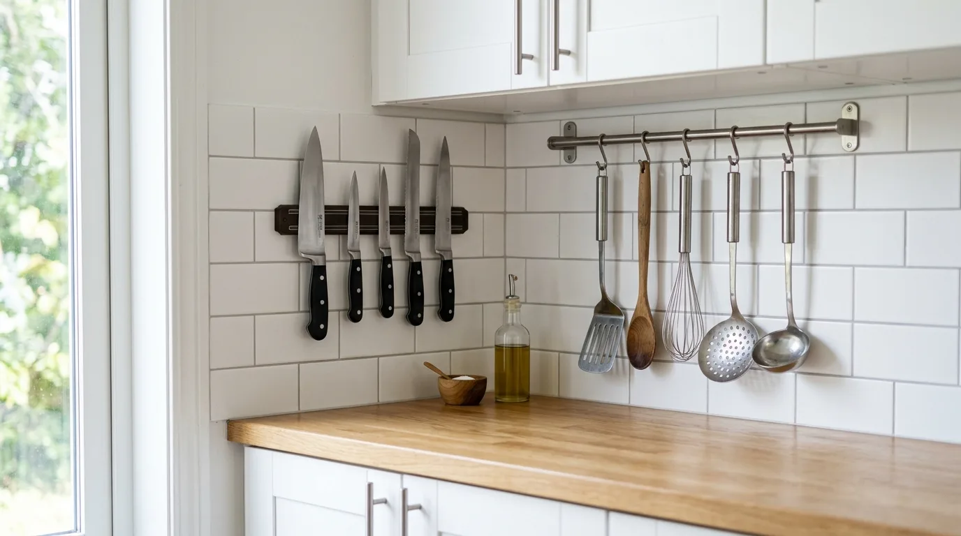 Glass upper cabinets in small white kitchen. Lighter visual storage treatment for a bright compact cookspace.