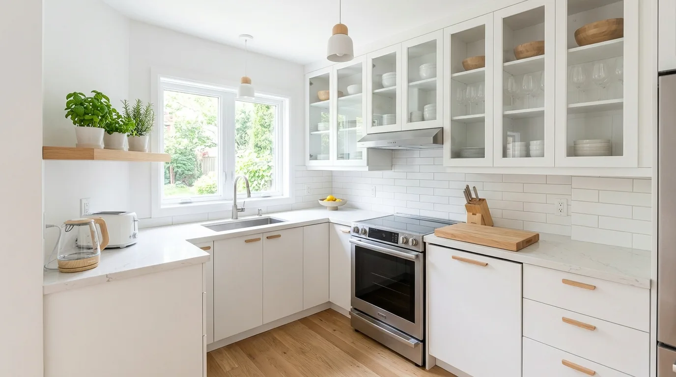 Narrow peninsula in small white kitchen. Compact prep space addition in a bright space-saving layout.