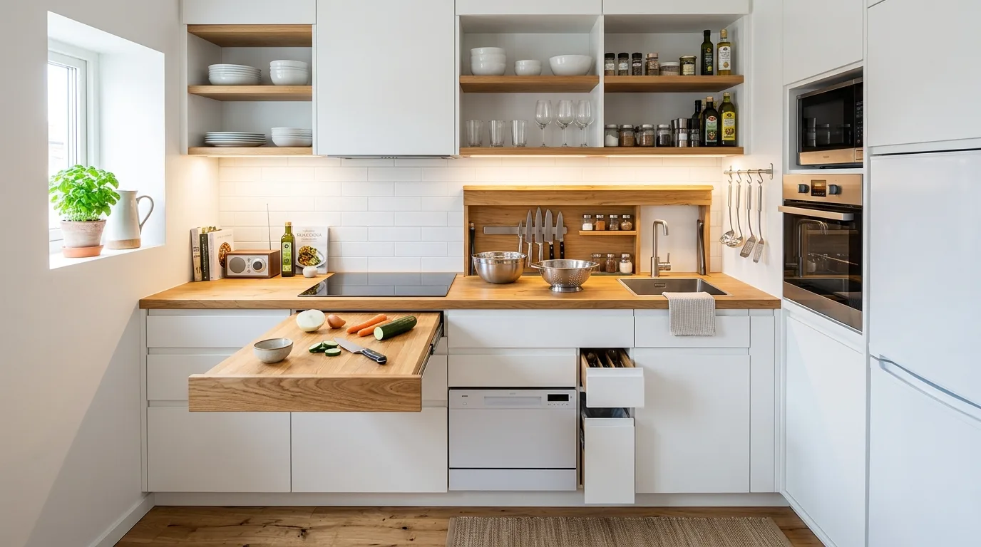 Under-cabinet lighting in small white kitchen. Brighter compact cookspace with layered functional illumination.