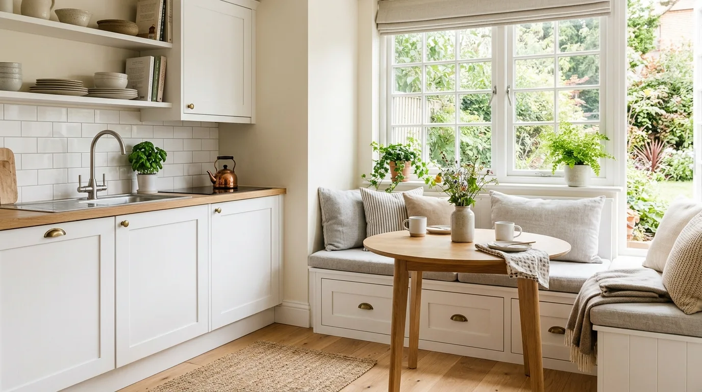 Pale wood accents in small white kitchen. Warm material balance inside a bright compact kitchen palette.
