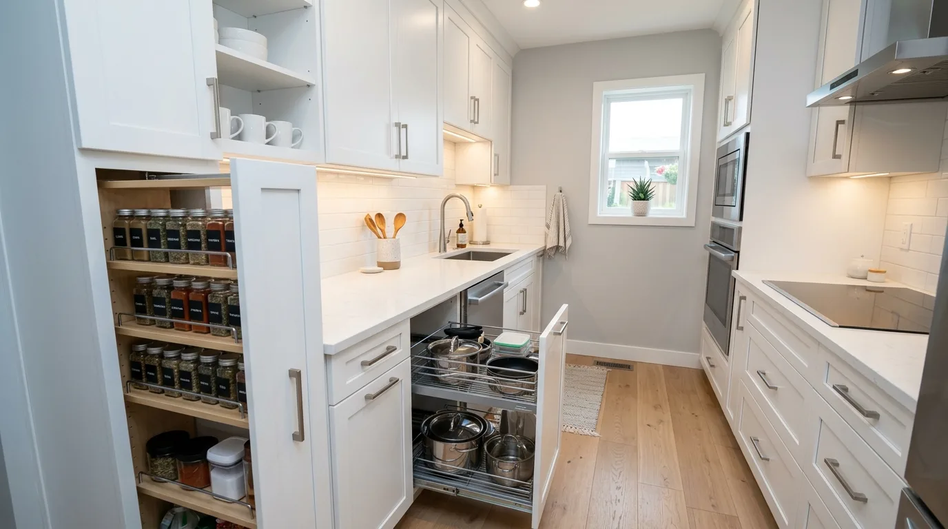 Reflective backsplash in small white kitchen. Brightening compact kitchen with extra visual depth and light.