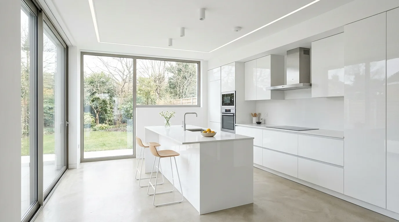 Edited uncluttered small white kitchen. Clean organized compact kitchen making the most of a bright palette.