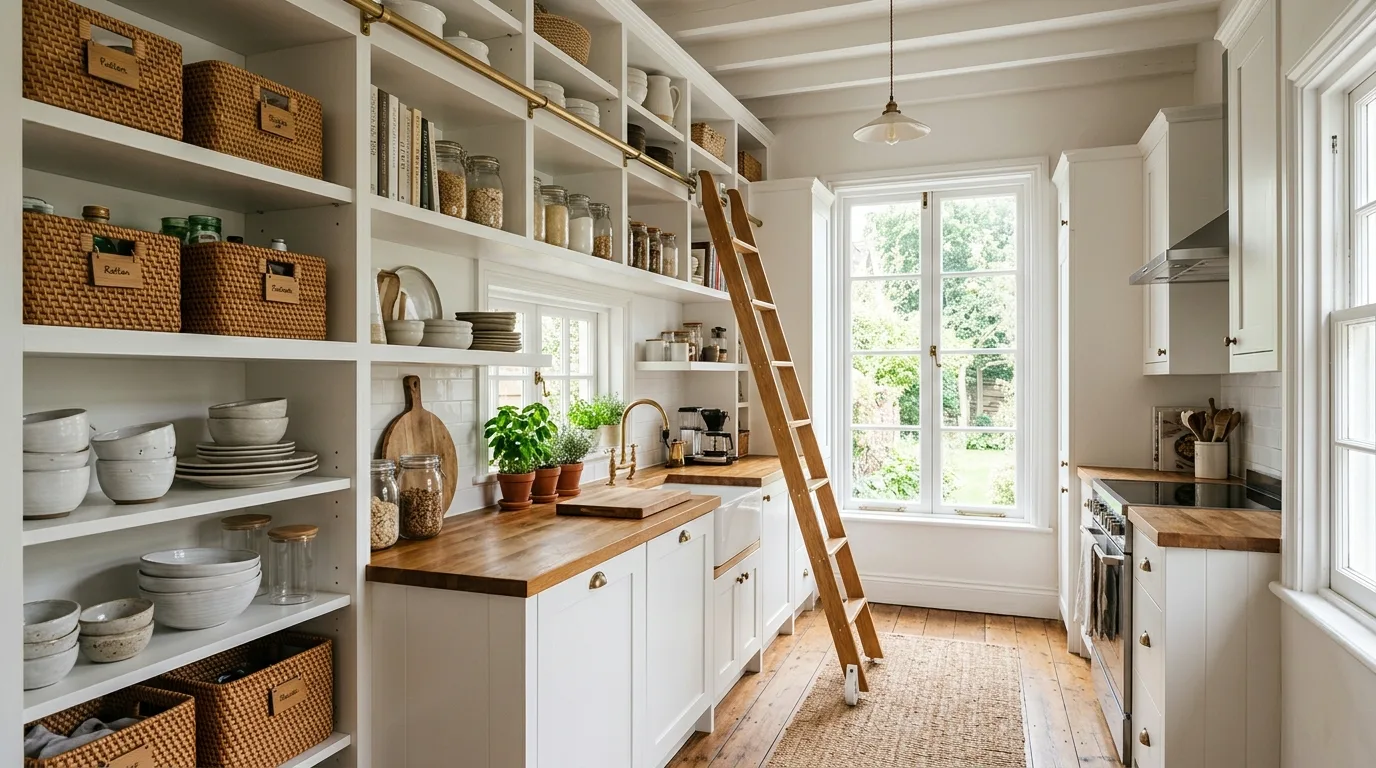 Well-planned small white kitchen layout. Space-saving bright kitchen designed around flow and openness.