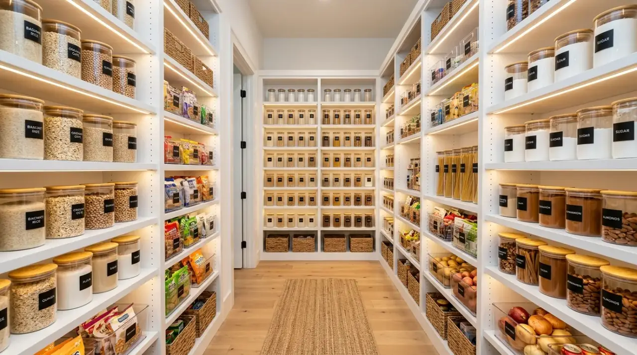 Spacious walk-in pantry designed for ultimate kitchen storage and organization.
