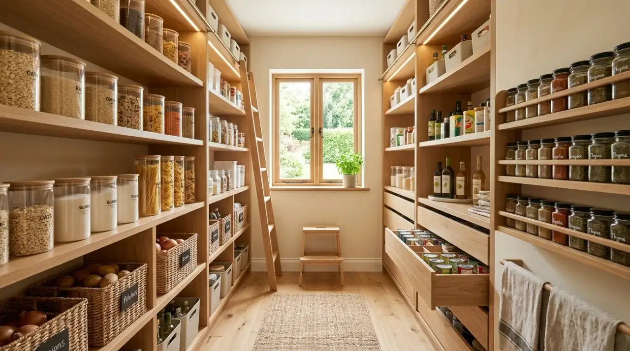 Mixed storage walk-in pantry. Open and closed pantry zones creating more flexible kitchen storage.
