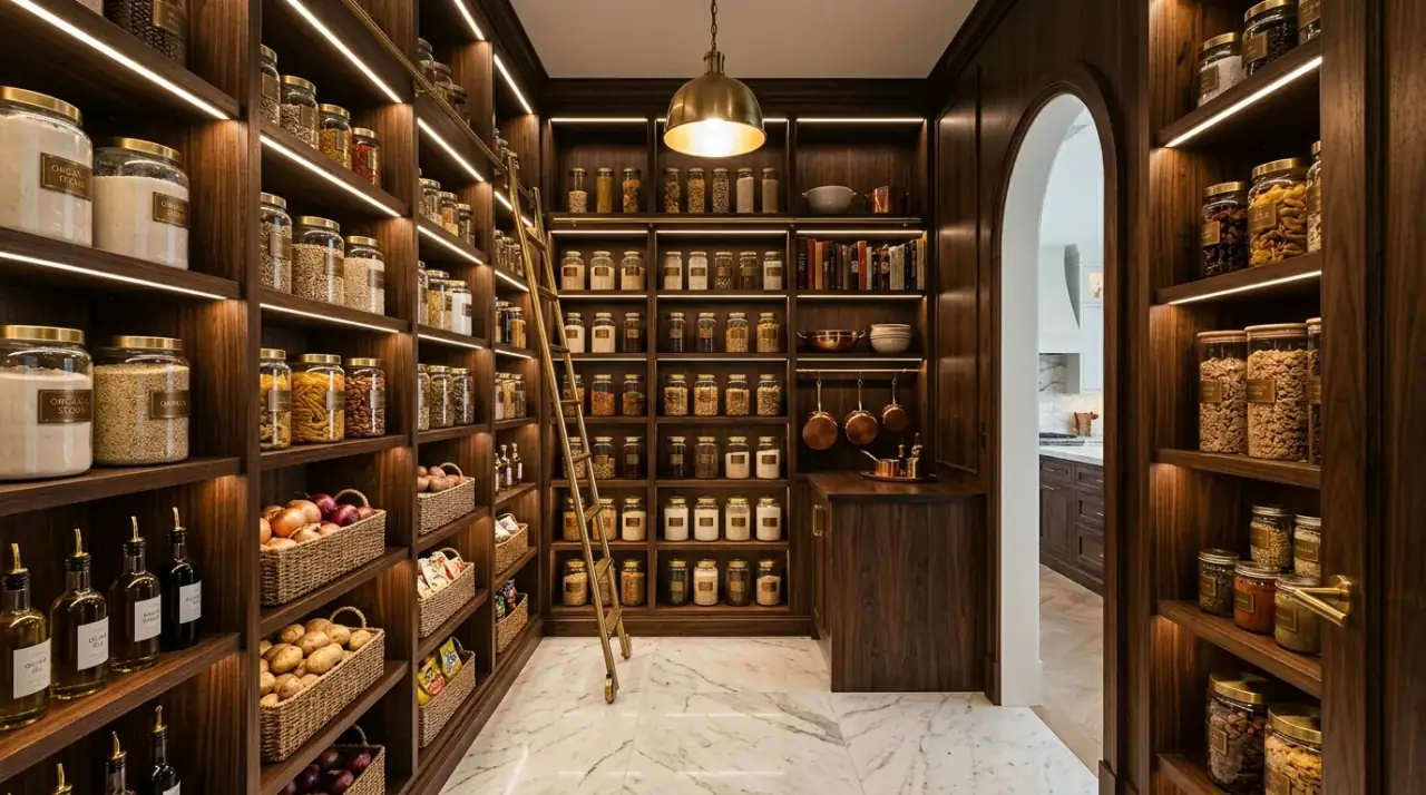 Walk-in pantry appliance counter. Dedicated work surface helping small appliances stay out of the main kitchen.