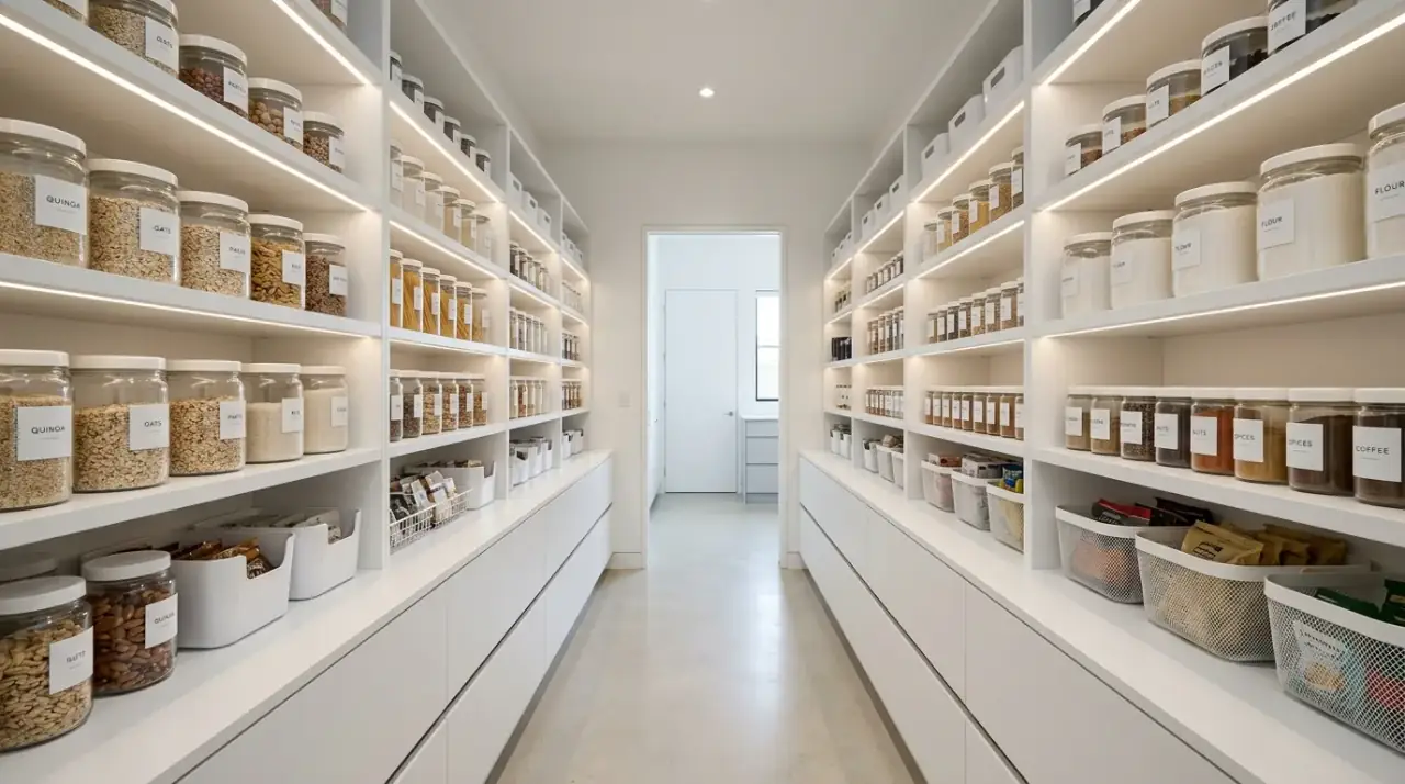 Pantry bins and baskets. Grouped storage helping a spacious pantry stay visually calm and organized.