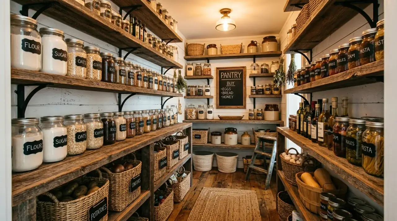 Walk-in pantry zones. Task-based storage zones making a larger pantry easier to manage.
