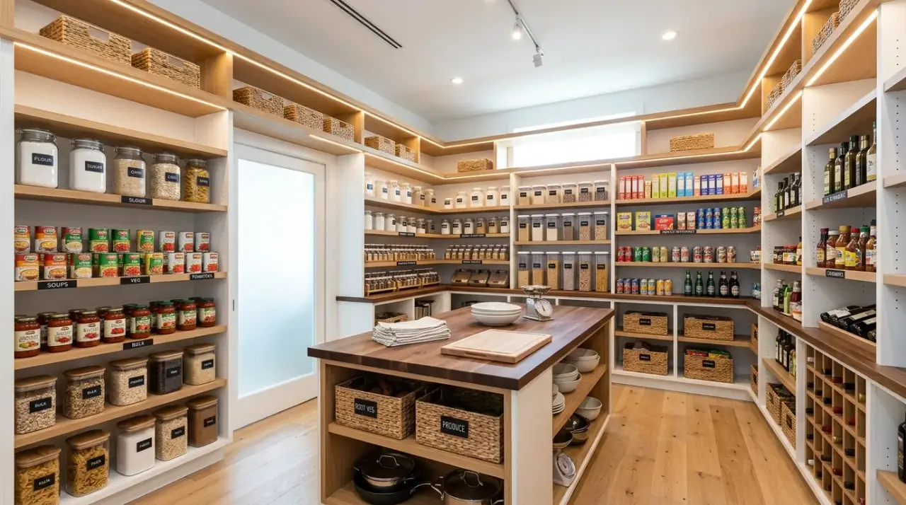 Tall walk-in pantry access. Smart reaching solution making upper pantry storage truly useful.