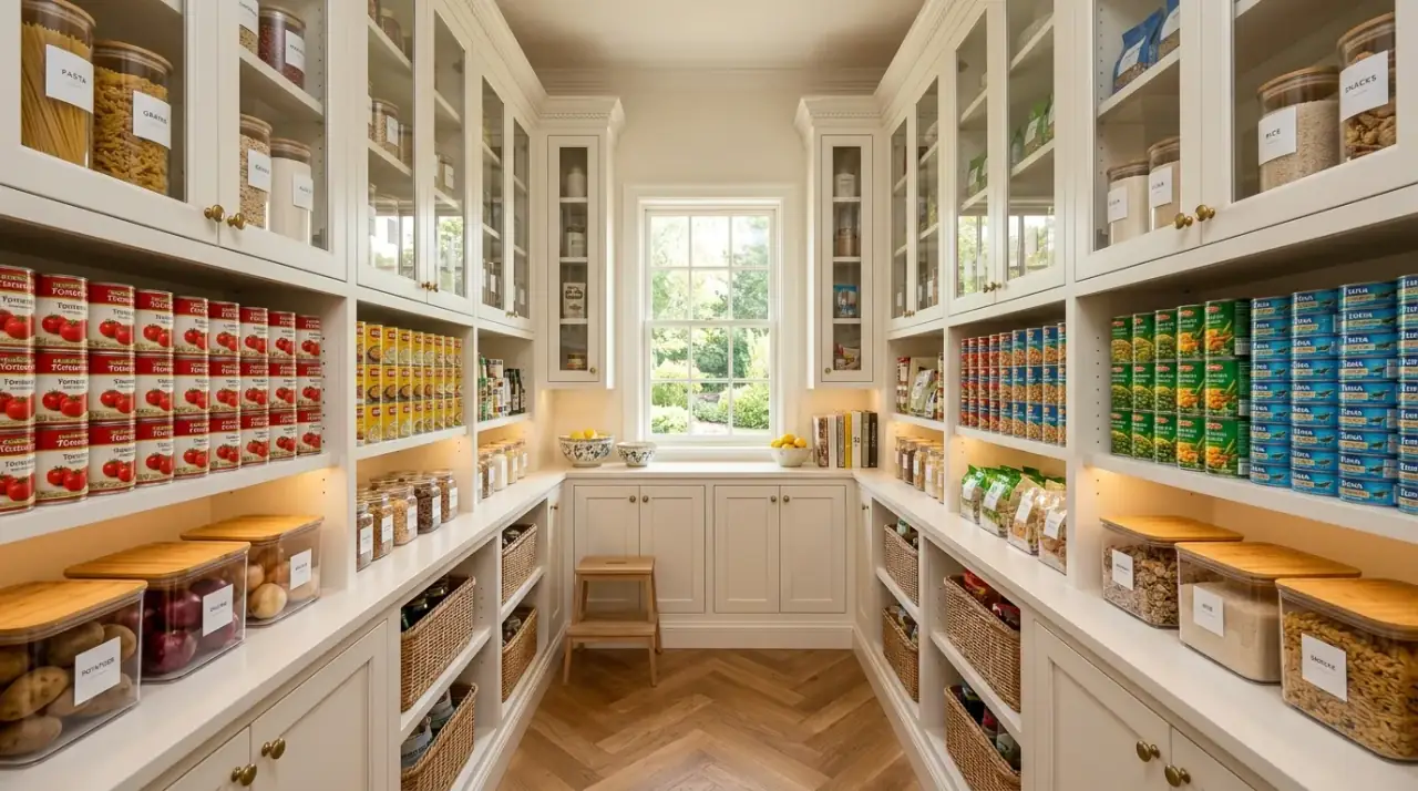 Bright walk-in pantry lighting. Clear layered light improving visibility throughout a spacious pantry room.