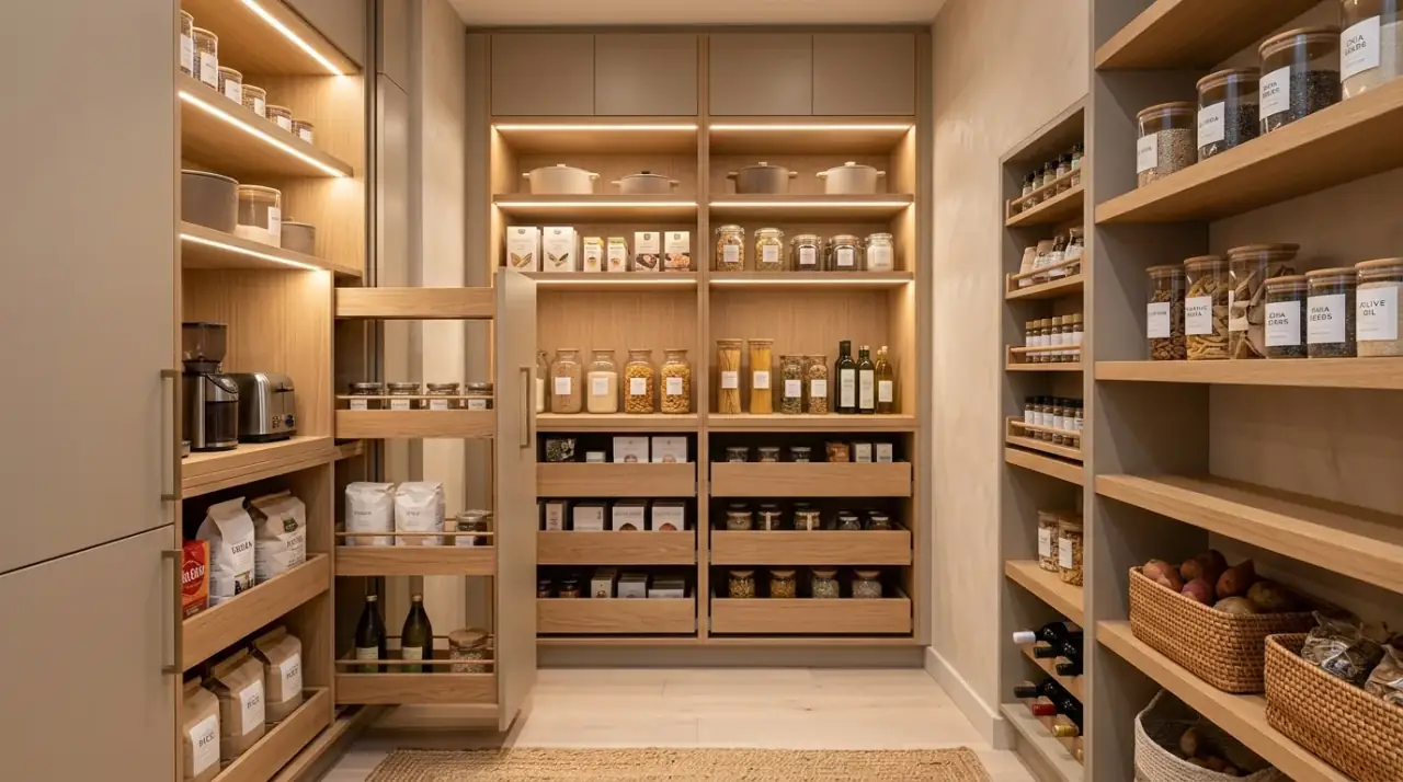 Glass jars in walk-in pantry. Organized staple storage bringing order and beauty to a larger pantry.
