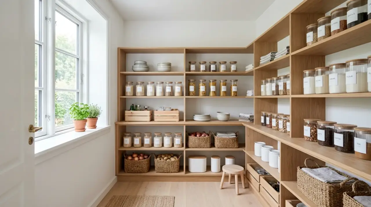 Hidden walk-in pantry door. Integrated entry helping storage stay close without disrupting the kitchen view.