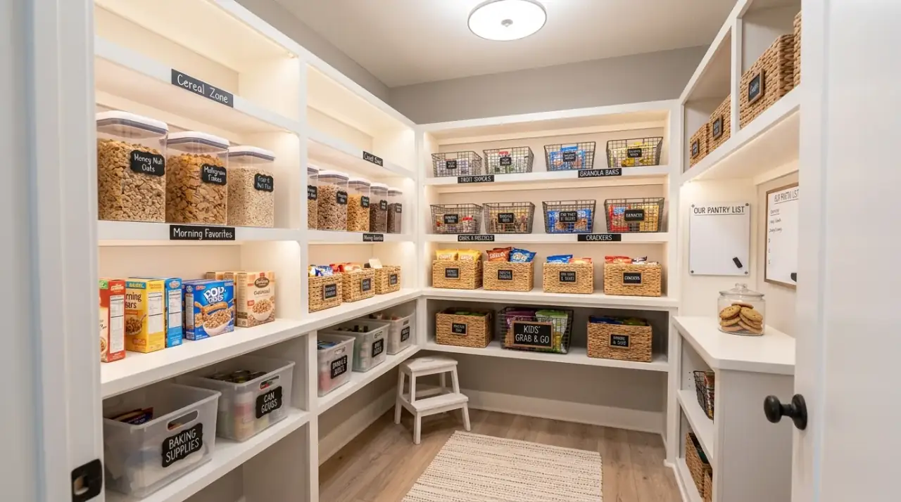 Walk-in pantry coffee station. Dedicated beverage setup helping the kitchen stay clearer and more organized.