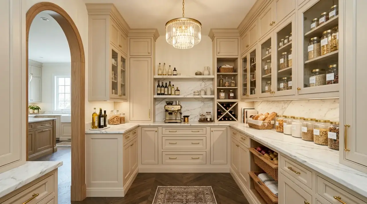 Light airy walk-in pantry. Soft finishes helping a pantry storage room feel larger and more open.