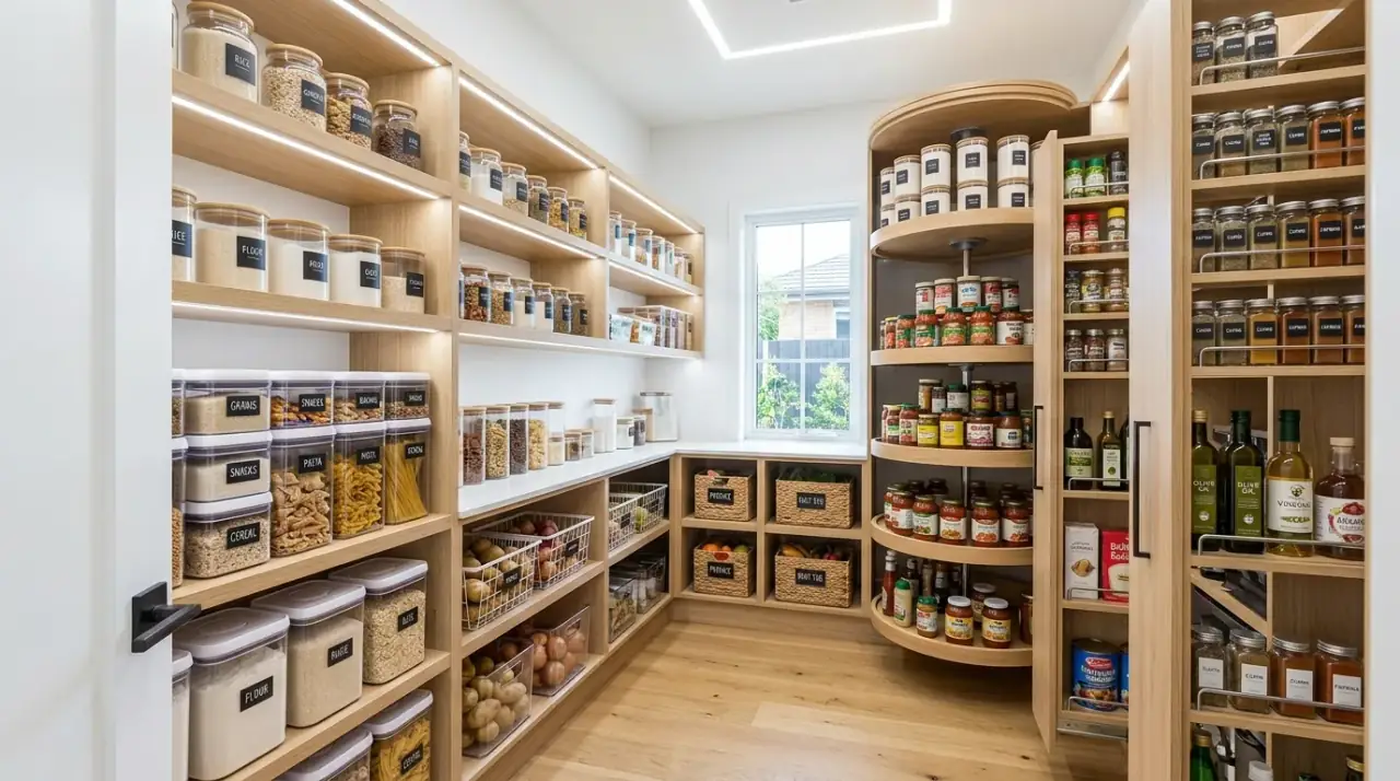Walk-in pantry drawers. Flexible drawer storage expanding what a pantry can hold neatly.
