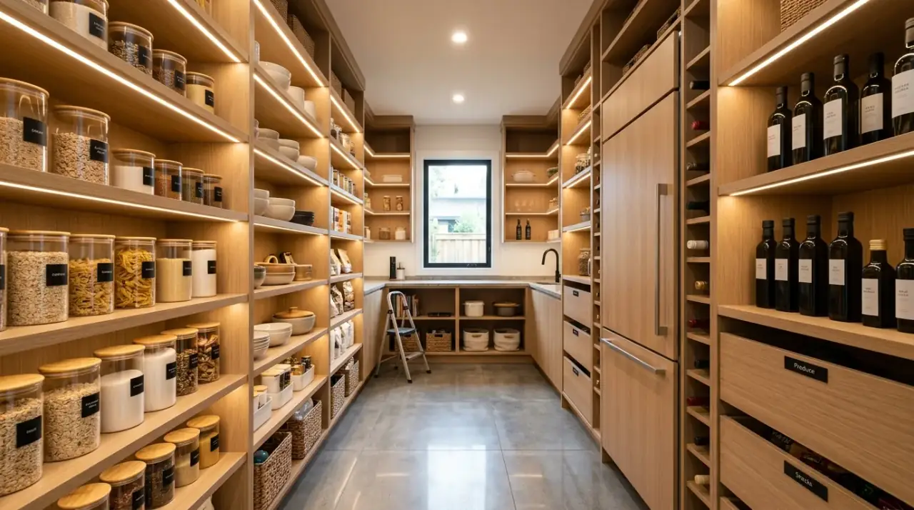 Spacious walk-in pantry circulation. Open center aisle helping a pantry room feel easier to move through.