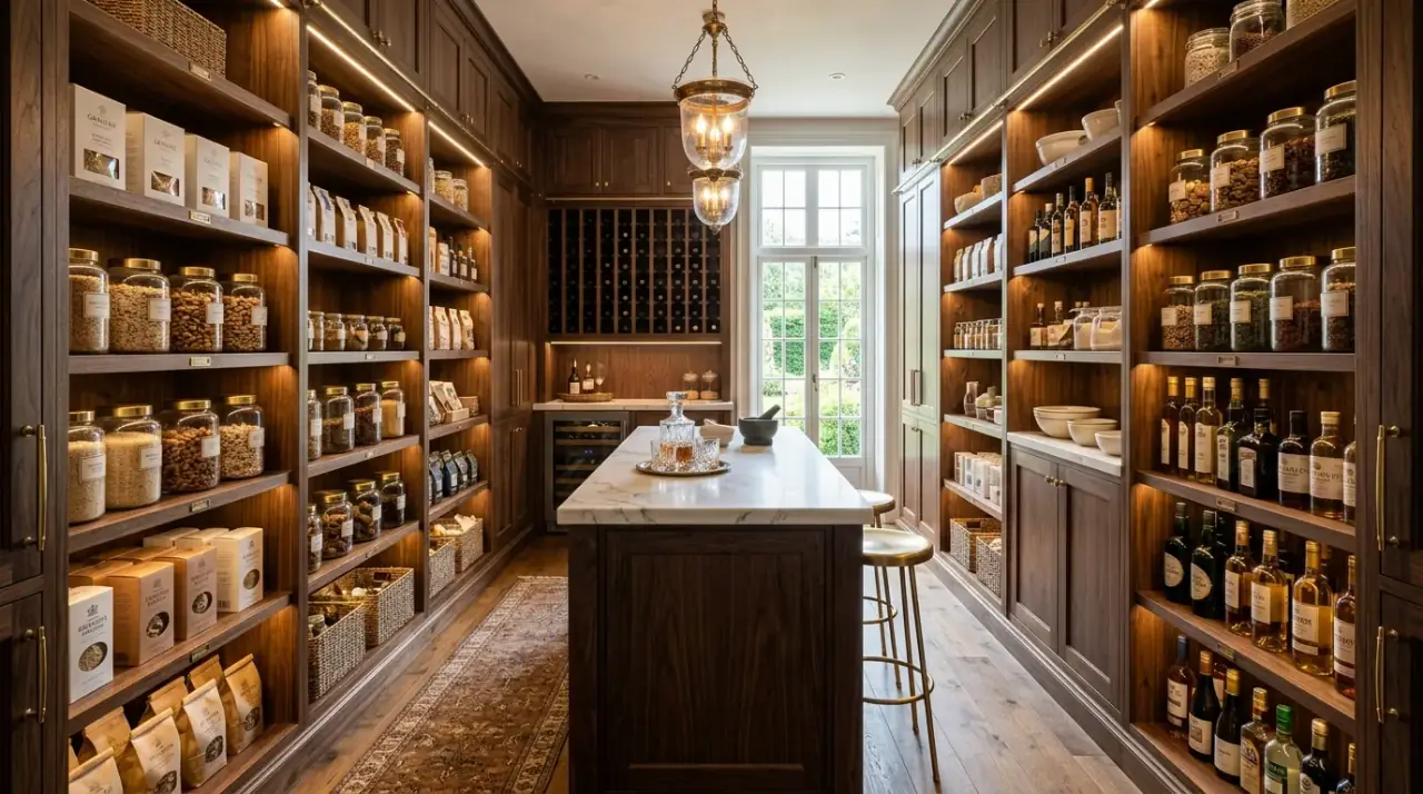 Walk-in pantry overview. Large organized pantry designed for maximum storage, ease, and daily comfort.