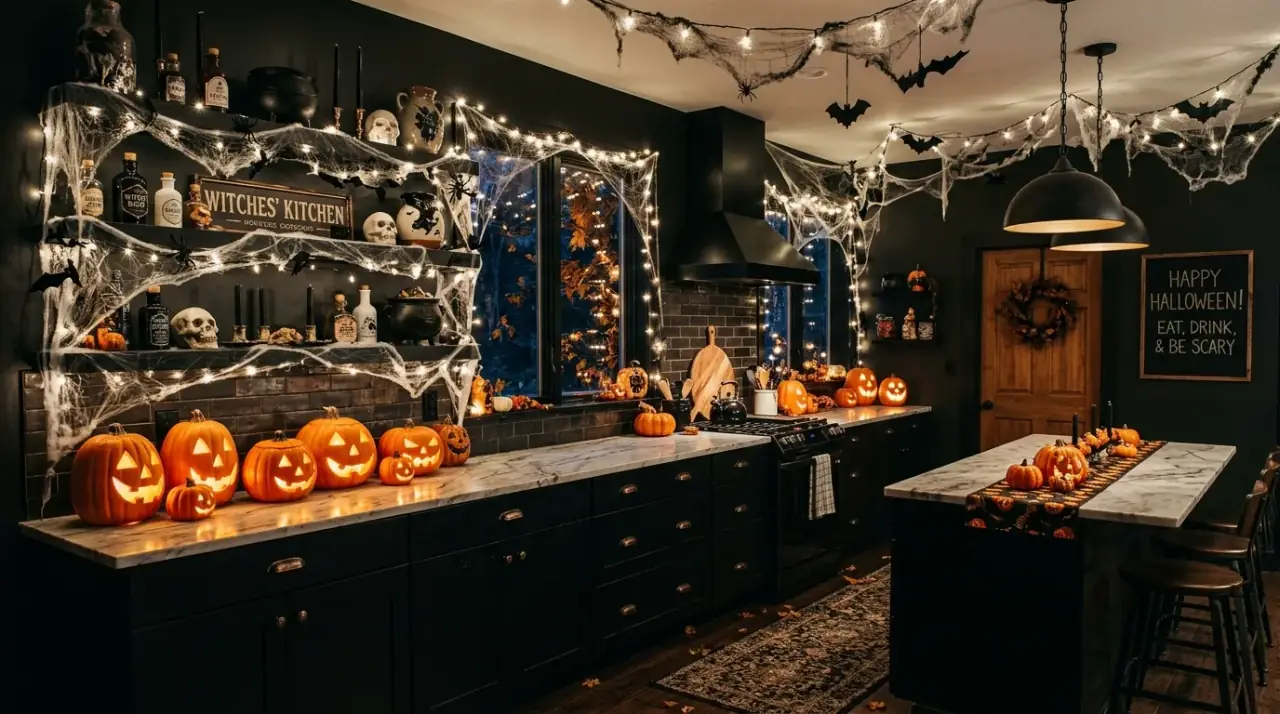 Spooky Halloween kitchen decor with dark accents, pumpkins, candlelight, and festive moody styling.
