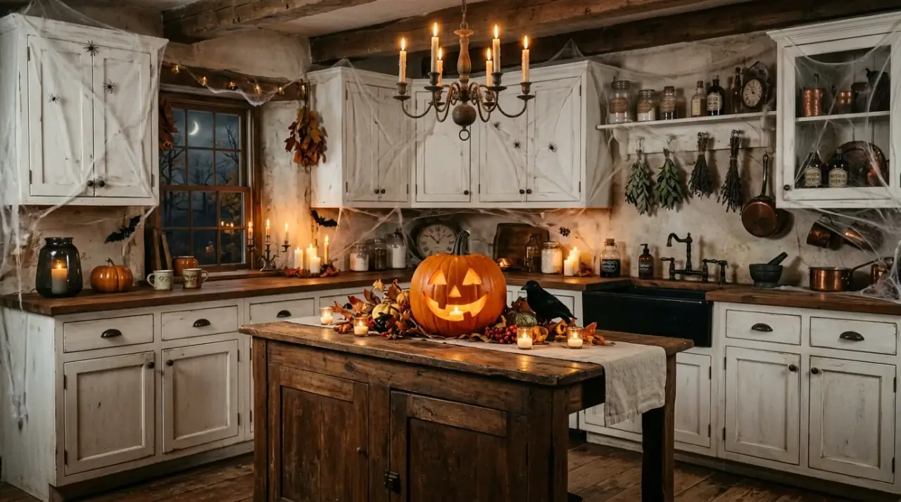 Halloween pumpkins in kitchen. Refined black and cream pumpkin styling for a festive kitchen.